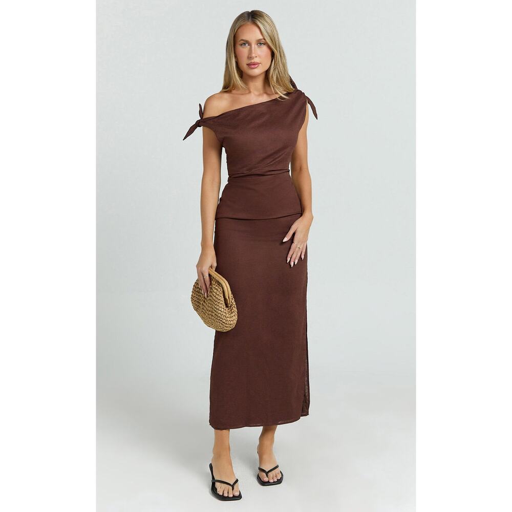 New Showpo Cincinnati Midi Dress Off The Shoulder Side Split Linen Dress Size L - Picture 3 of 10